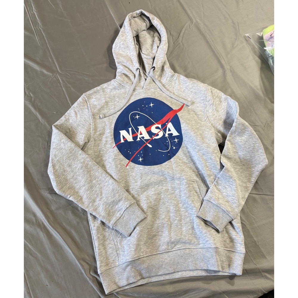 NASA Graphic Hoodie Heather Gray Meatball Worm Logo Sweatshirt Small Mens